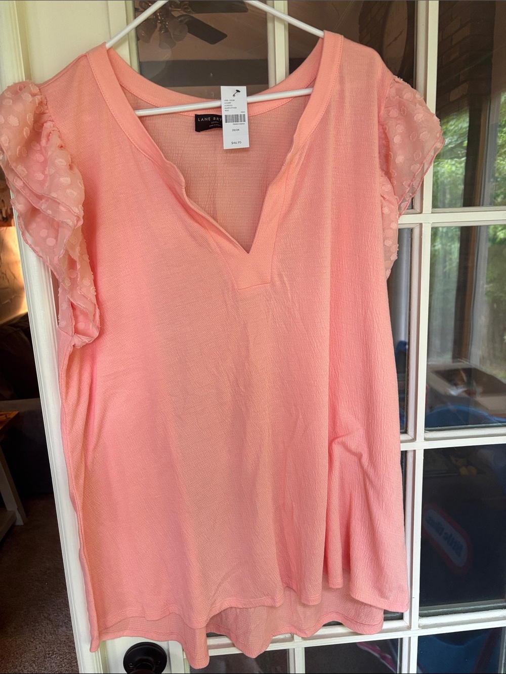 Lane Bryant Pink V-Neck Tunic with Sheer Dot Ruffle Sleeves